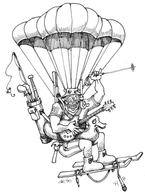 Amdahl illustration of a man parachuting with all of his sports gear and hobbies