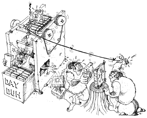 Illustration concept of a prehistoric computer managed by cavemen